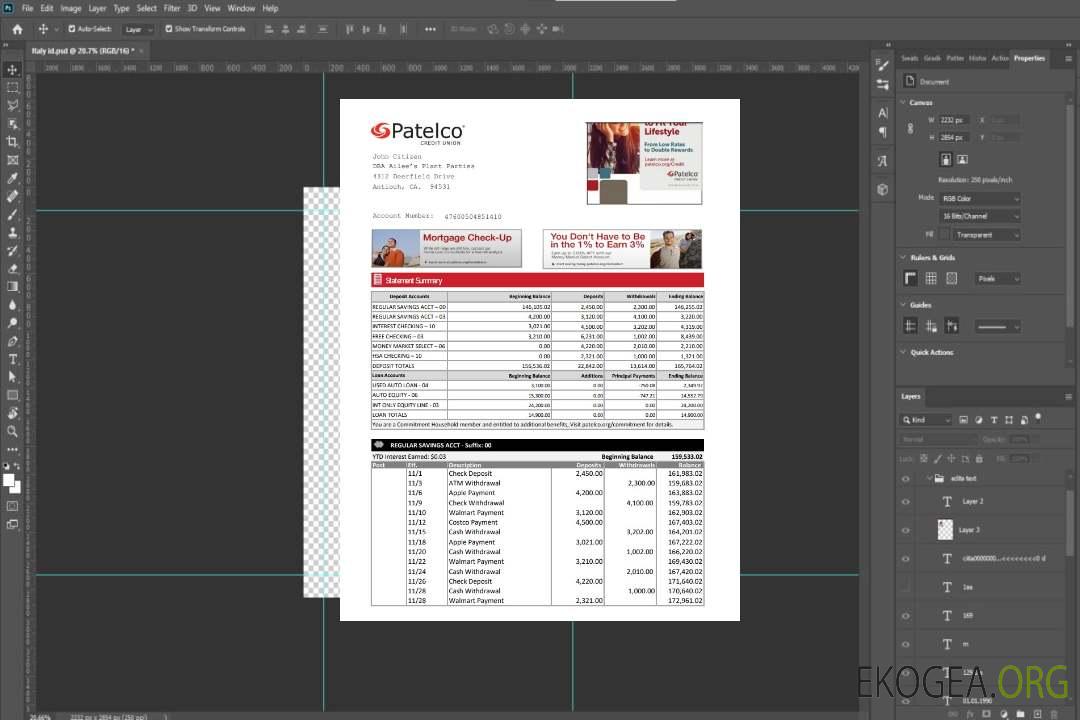 Modèle de relevé bancaire USA California Patelco Credit Union au format Excel et PDF template